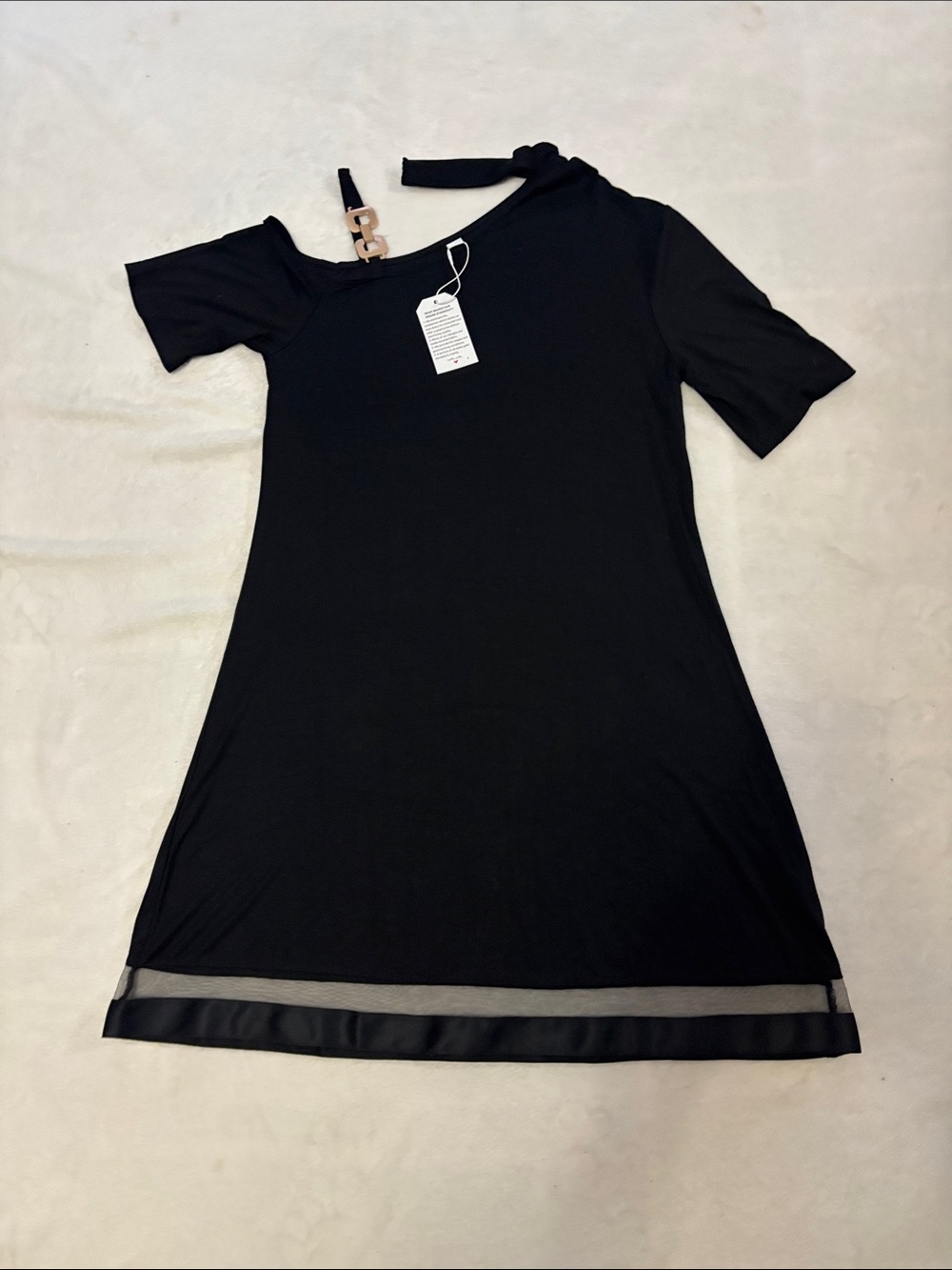 Dress One-Shoulder Black A-Line with Mesh Hem Accent NWT